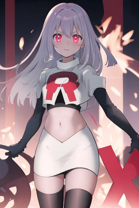 masterpiece, best quality, demon_kisara, glowing eyes, team rocket,team rocket uniform,white skirt,red letter r,crop top,black t...