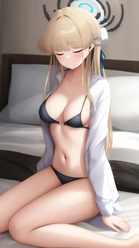 1 girl, underwear, purple hair, thigh, white_underwear,， long_hair, breast,  White pajamas，unbuttoned pajamas，open income，navel，bare belly，eyes closed，eyes closed， exist_Back, In the bedroom, hindquarters, Bangs, split, blush,Lying on exist&#39;s bed，white...