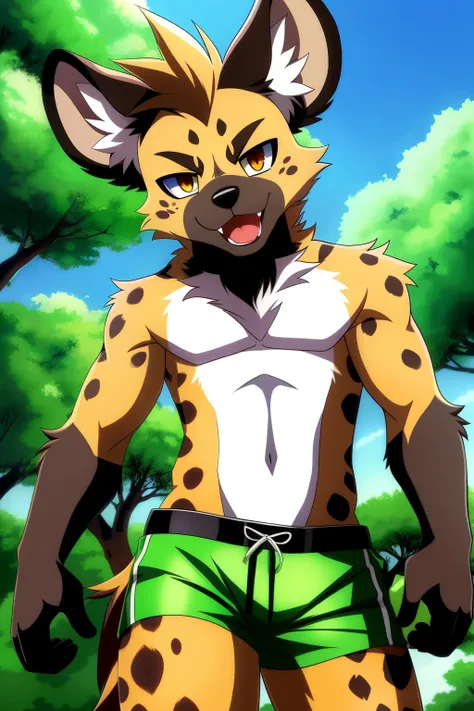 In the captivating world of anime, a mesmerizing anthro spotted hyena comes into view. Dressed in vibrant green camouflage shorts that seamlessly blend with the lush foliage, this character exudes an irresistible allure. The intricate details of the hyenas...