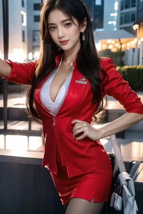(masterpiece:1.2, highest quality:1.2), 32K HDR, High resolution, (alone, 1 girl), (Ultra-realistic portrait of an AirAsia stewardess in uniform), neat woman, beautiful face, dark brown hair, (long hair down to waist), (red jacket:1.1, Unzipped jacket, unb...