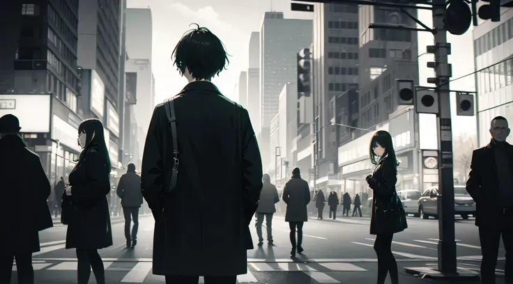 Faded tones, monochrome, A man turns around to look at a woman who passed him, intersection, detailed face, full body shot, monochrome, black, green, big blurry background, city at dawn