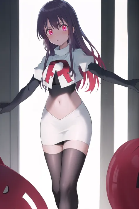 masterpiece, best quality, demon_kisara, glowing eyes, team rocket,team rocket uniform,white skirt,red letter R,crop top,black thigh-highs,black elbow gloves
