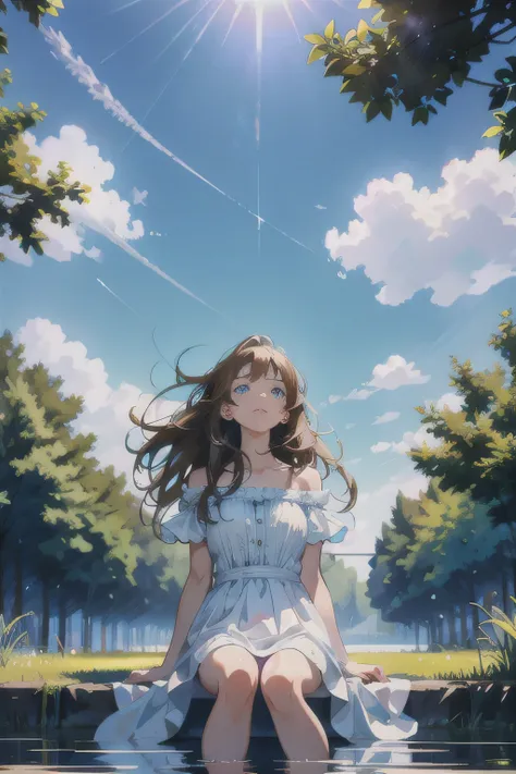 photorealistic aesthetic scenery, sharp 8k resolution quality, beautiful girl, looking up to the sky with long brown hair, light...