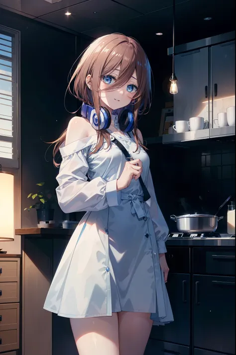 Miku Nakano, Miku Nakano, long hair, bangs, blue eyes, brown hair, shirt, hair between eyes, happy smile, smile, open your mouth,headphones around neck,Blue off-shoulder dress,long skirt,cook in the kitchen、フライパンでエビを調理する
break indoors, kitchen,
break looki...