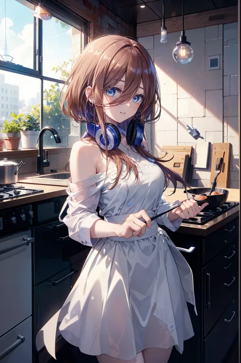 Miku Nakano, Miku Nakano, long hair, bangs, blue eyes, brown hair, shirt, hair between eyes, happy smile, smile, open your mouth,headphones around neck,Blue off-shoulder dress,long skirt,cook in the kitchen、フライパンでエビを調理する
break indoors, kitchen,
break looki...