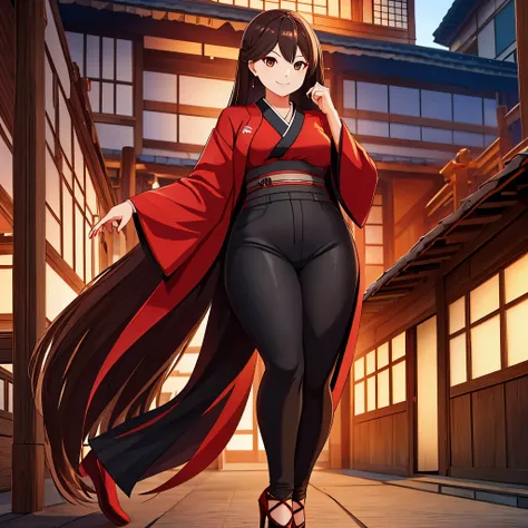 A woman wearing a long black fur coat, red shirt with Japanese letters, tight black pants, womens heels, in a Japanese city at the time of cold winter, long brown hair, brown eyes, smiling, Japanese houses in the background,HDR, ultra resolution, well defi...