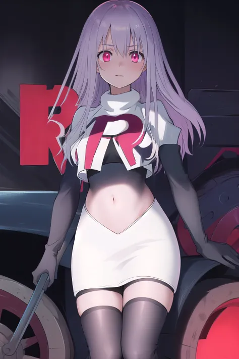 masterpiece, best quality, demon_kisara, glowing eyes, team rocket,team rocket uniform,white skirt,red letter R,crop top,black thigh-highs,black elbow gloves
