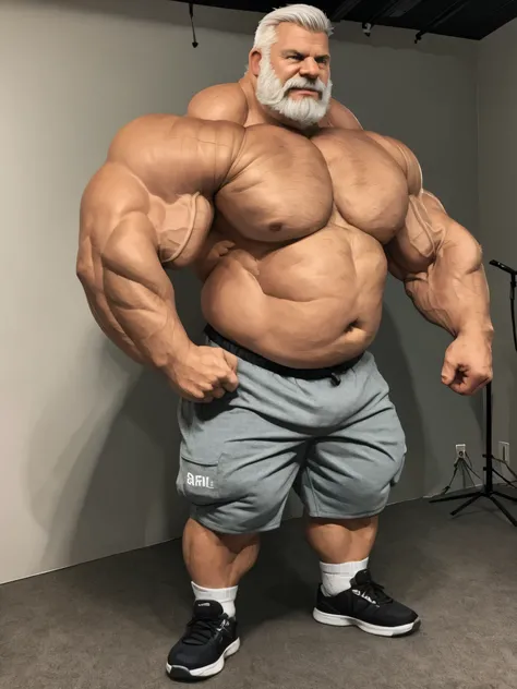 vector, mwvector, (best quality,4k,8k,highres,masterpiece:1.2),ultra-detailed,(realistic,photorealistic,photo-realistic:1.37),((massive muscular)) ((huge Muscular)) chubby old man standing in photo studio, simple background, flexing pectoral muscle, shorts...