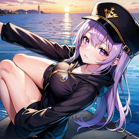 ((1girl, solo)), purple hair, long hair, purple eyes, grey, +_+, long sleeves, smile, (((parted lips))), hood down, (badge on hat), symbol-shaped pupils, looking at viewer, details eyes, absurdres, half body, ((sunset)), top view, (day time, sunny)