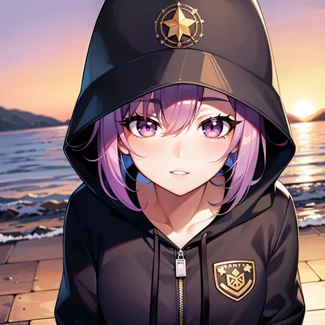 ((1girl, solo)), purple hair, long hair, purple eyes, grey, +_+, long sleeves, smile, (((parted lips))), hood down, (badge on hat), symbol-shaped pupils, looking at viewer, details eyes, absurdres, half body, ((sunset)), top view, (day time, sunny)