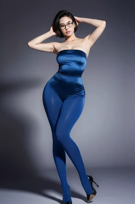 ((Most exquisite portrayal)), ((best quality)), ultra high def, a woman standing with her hands behind her head, showing a slight smile, wearing a high leg tube top that accentuates her curves, high heels adding to her stature, short bob hair cut, donning ...