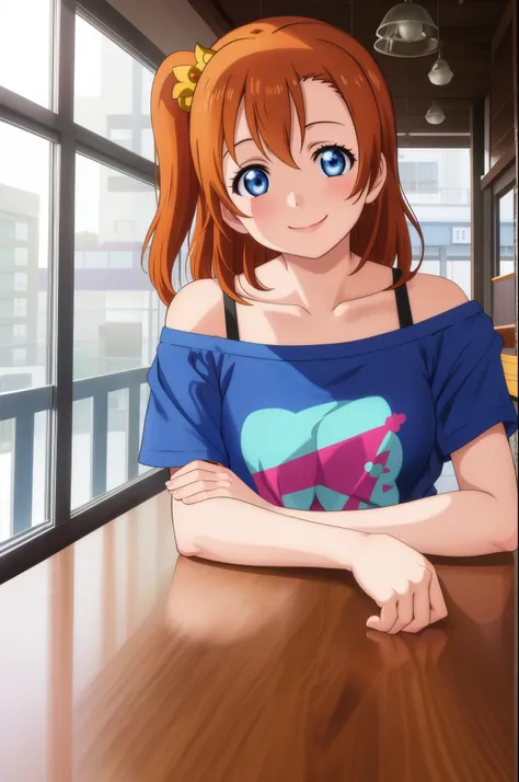 upper body, kousaka honoka, blue eyes,off shoulder t-shirt,in cafe , smile , hair ornaments , leaning on her hands