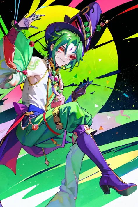 In the enchanting world of anime, a jester man dressed in a vibrant green outfit adds a splash of color to the mysterious night. With a green jester hat adorned with five intricate points, he strikes an eccentric pose, his painted face a macabre yet charmi...