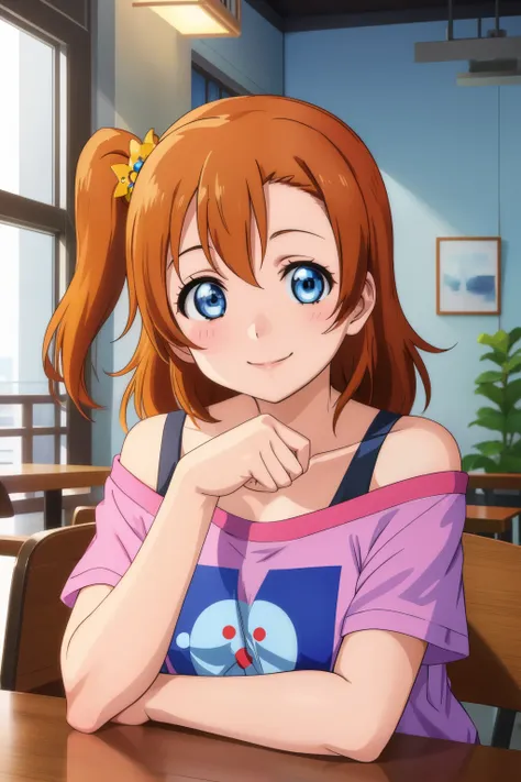 upper body, kousaka honoka, blue eyes,off shoulder t-shirt,in cafe , smile , hair ornaments , leaning on her hands