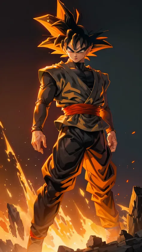 (masterpiece), best quality, ultra-detailed, Goku from Dragon Ball Z with spiky black hair, wearing orange clothes, Retro style.super saiyan.fire.