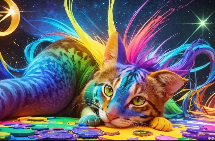 (best quality,4k,8k,highres,masterpiece:1.2),ultra-detailed,(realistic,photorealistic,photo-realistic:1.37),colorful cat surrounded by many different colors of cats, puzzle art, vibrant colors, detailed cats, cat seahorse transformer, vibrant w 1024, a jig...