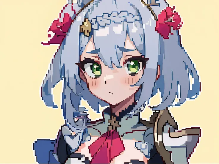 masterpiece, high quality, hcnone, pixel art, 1girl, noelle genshin impact, silver hair, green eyes, simple gold color background