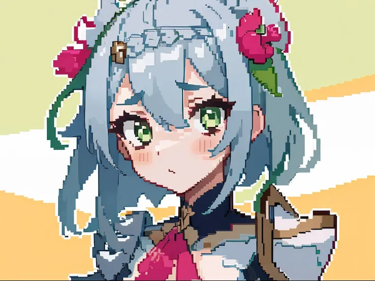 masterpiece, high quality, hcnone, pixel art, 1girl, noelle genshin impact, silver hair, green eyes, simple gold color background