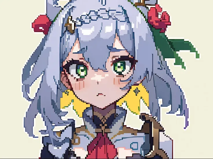masterpiece, high quality, hcnone, pixel art, 1girl, noelle genshin impact, silver hair, green eyes, simple gold color background