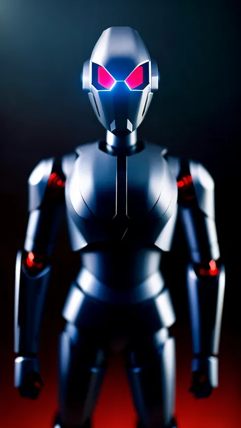 Evening background, black iron robot, doll robot, high performance, high quality, armed, sharp armed, thick armor, eyes purple, glowing purple, sharp eyes, rogue robot, sky in background,