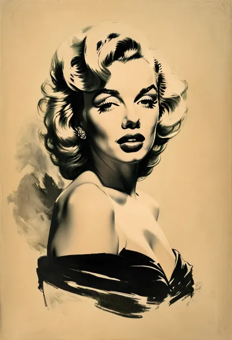 (thick and bold) ink sketch technique on sensual illustration of marilyn monroe (((medium hair with bangs:1.4、beautiful bangs) ,...