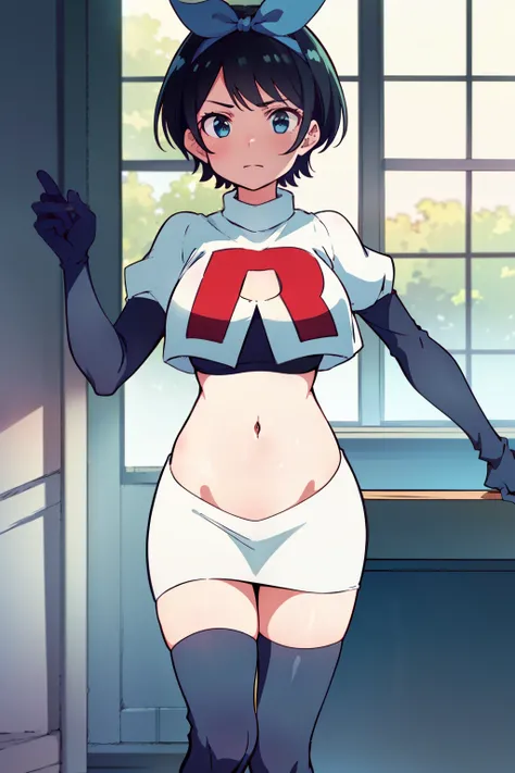 (masterpiece, best quality, ultra-detailed), 1girl, RukaSarashina, looking at viewer, team rocket,team rocket uniform,white skirt,red letter R,crop top,black thigh-highs,black elbow gloves