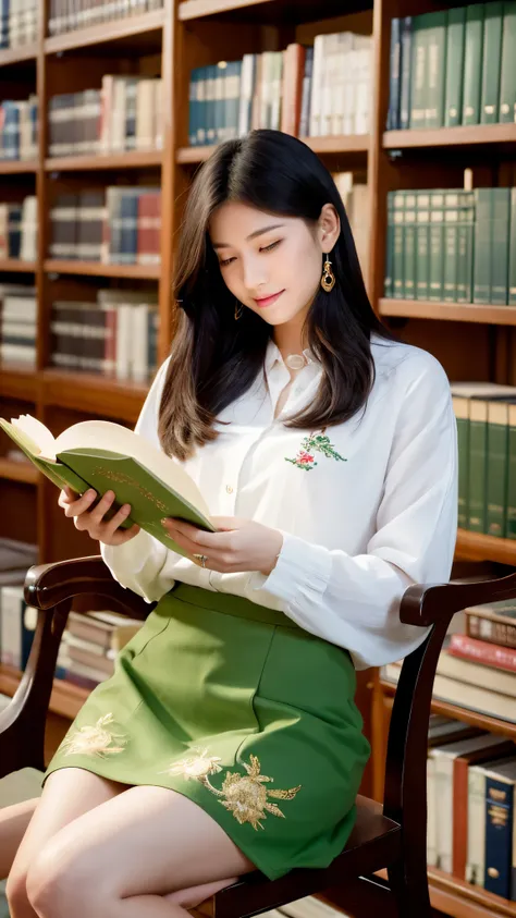 (((masterpiece, highest quality, High resolution, high detail)))), One, ((fantasy)))), (elf woman)))), (White short skirt with gold embroidery), (blonde long straight hair), (shiny dark green eyes), (green surcoat with gold embroidery), big, (((National Li...