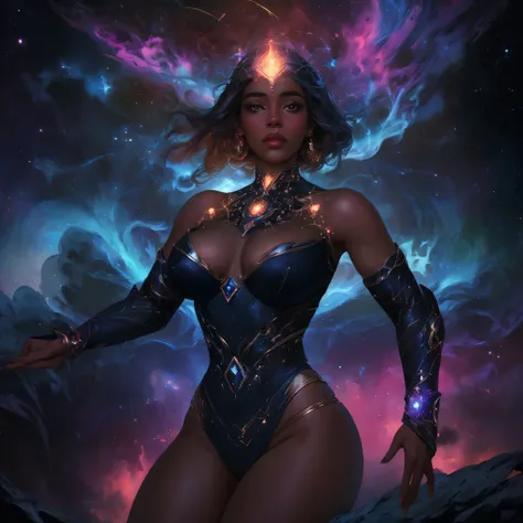 An image of a voluptuous dark-skinned woman with thick thighs, harnessing the power of the cosmos to manipulate the fabric of reality itself, amidst the swirling vortex of a cosmic nebula. Her curves are bathed in the cosmic energies of the universe, and h...