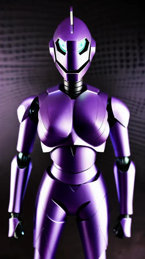 Evening background, black iron robot, doll robot, high performance, high quality, armed, sharp armed, thick armor, eyes purple, glowing purple, sharp eyes, rogue robot, sky in background,