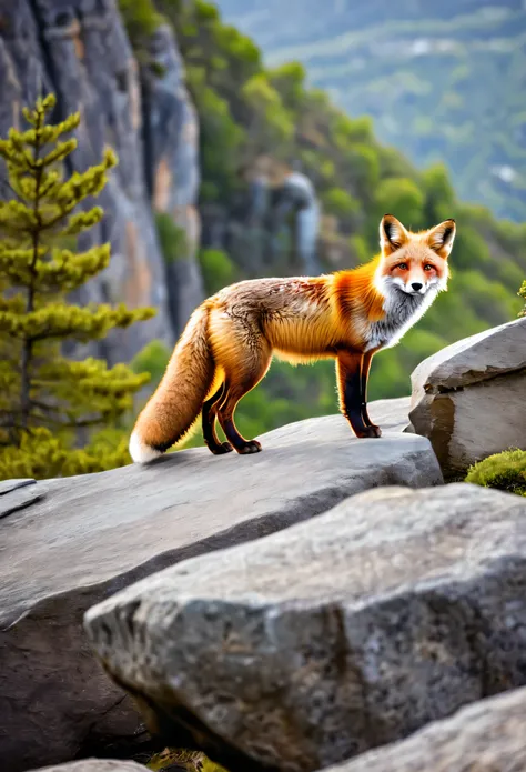 A red fox standing on a rock on the edge of a cliff looking into the distance，It has a red tail behind it.，Ultra clear details，，4k，8k