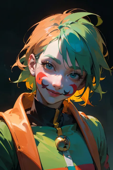 (anime style),man,jester,green jester outfit,clown,painted face,macabre smile,red boots,mysterious,the night,perfect face,well-defined face,detailed face,(best quality,4k,8k,highres,masterpiece:1.2),ultra-detailed,(realistic,photorealistic,photo-realistic:...