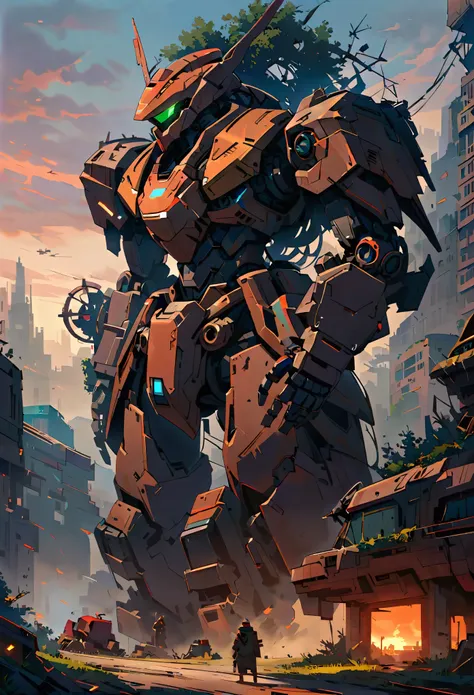 mecha ,winter, dark, dusk,cracked  broken robot, an abandoned old rusty mech, an overgrown , frame weathered and worn, detailed,...