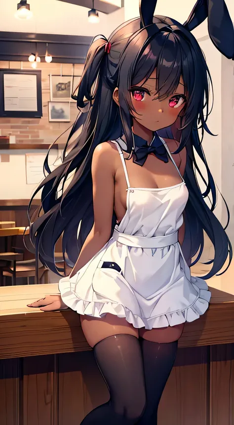 1girl with dark skin,  girl, (ultimate cute face), solo, working in a cafe,
cute panties, thighhighs,
in heat, blushing, sexy expression, small breasts, dark skin, long black  hair, crimson eyes, naked with big apron, cleavage, perky nipples, bunny ears,