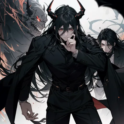 1 muscular male, teenager, demon lord, wearing a black shirt, black armor, black long pants, black hair, long hair, long black t...