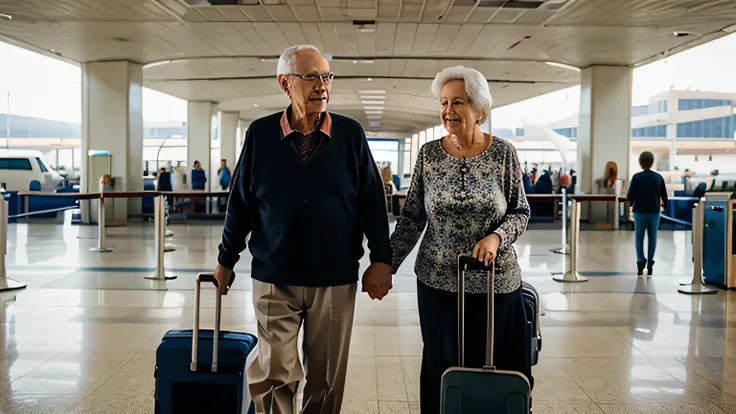 Old married couple, 65 years old. At the airport, facing the camera.