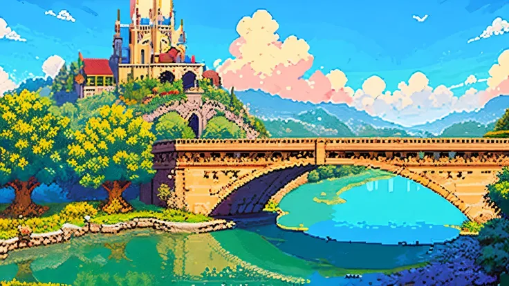 (masterpiece, best quality:1.2), architecture, pixel art,river,Sky,cloud,bridge