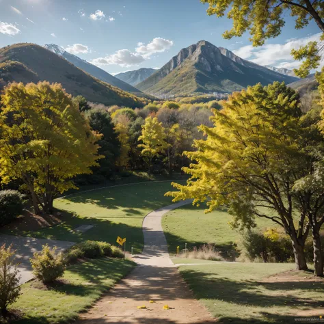 A park with trees with yellow leaves, with a ground full of yellow leaves, sun illuminating the place, a distant lake, concrete walkway in one part, yellowish tone, mountains in the background.,ultra resolution, very detailed, HDR, masterpiece, 8K hd
