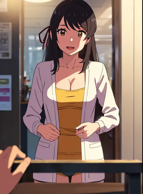 shinkai makoto, kimi no na wa., 1girl, bangs, black hair, brown eyes, open mouth :D, Twisted Half Up, red ribbon, long hair, long sleeve light yellow cardigan, open shirt, yellow shirt, cleavage, breast, medium breast, Orange shirt, name tag written "LUMIN...