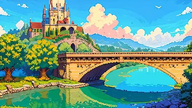 (masterpiece, best quality:1.2), architecture, pixel art,river,Sky,cloud，bridge