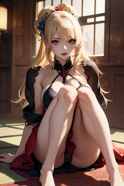 High resolution, masterpiece, look here, sitting with knees up on the floor, legs open, very realistic image of beautiful blonde hair, drawn by professional ukiyo-e, world of imagination, slim girl, nice legs , a well-fitting body, a sensual skirt, long ey...