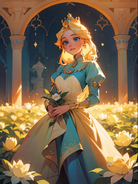 A girl with stunning blue eyes, a radiant smile, and flowing golden hair; wearing an elegant gown adorned with delicate flowers. The princess of the month of June gracefully stands in a magical garden, surrounded by blooming roses and vibrant summer foliag...