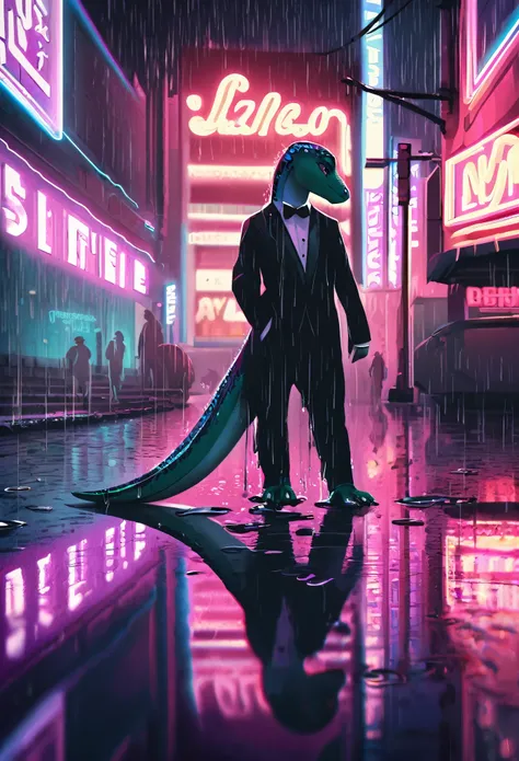 Lizard wearing a tuxedo wet in the rain, in the city, a night view with neon signs shining, silhouette reflected in a puddle, cinematic lighting,