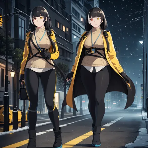 a woman wearing a yellow cold coat, black pants, black hair with white bangs, one yellow eye, one orange eye, walking on a sidew...