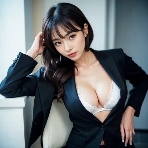 Best-quality, Masterpiece, Ultra-High-Resolution, (Photorealistic:1.4), Raw-Photo, 1girl, the most famous Japanese idol, upper-body, (wearing black stylish-business-suit over ((white)) brassiere with gorgeous-design)), looking at viewer, extremely cute fac...