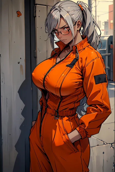 1 female, solo, (((D-Class Prisoner, Orange jumpsuit, character portrait, High resolution, detailed texture, realistic shadow, Stylized prison tattoos all over his body:1.5, Dismal presentation, Face with scars, rough skin, The atmosphere is cold, Dim cell...