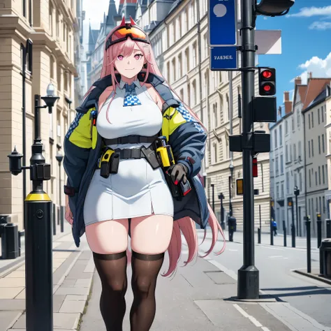 a woman wearing a blue british police coat, white dress, long pink hair, pink eyes, smiling, walking through the city of london,...