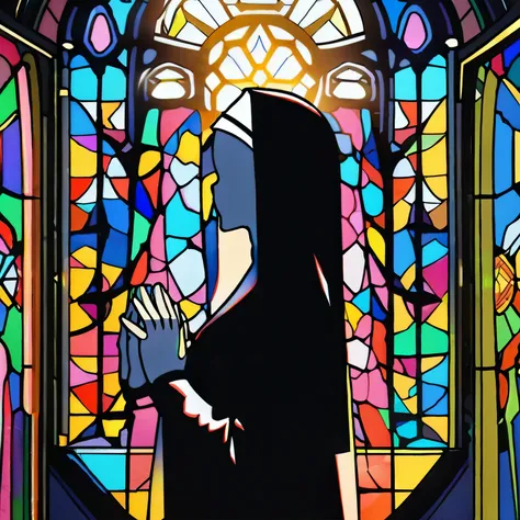 (best quality,8k,highres, masterpiece,ultra-detailed:1.2), (1 nun),A church with intricate and detailed drawings by a professional、Asahi、shining brightly、Intricate stained glass painted by a professional、Pray with Your Hands Folded, (silhouette art,),side ...