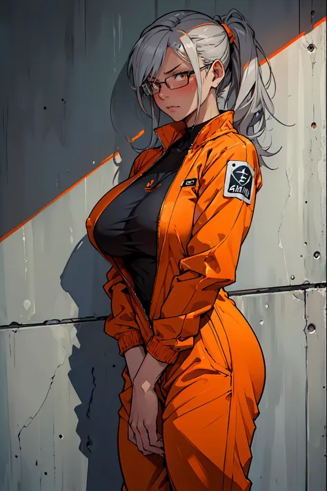 1 female, solo, (((D-Class Prisoner, Orange jumpsuit, character portrait, High resolution, detailed texture, realistic shadow, Stylized prison tattoos all over his body:1.5, Dismal presentation, Face with scars, rough skin, The atmosphere is cold, Dim cell...