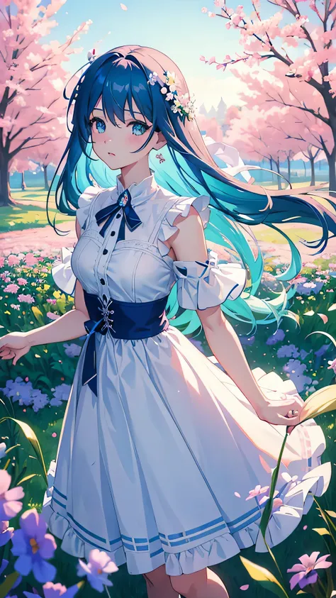 anime girl with blue hair and white dress standing in a field of flowers, trending on artstation pixiv, digital art on pixiv, anime art wallpaper 8 k, guweiz on pixiv artstation, anime art wallpaper 4 k, anime art wallpaper 4k, top rated on pixiv, beautifu...