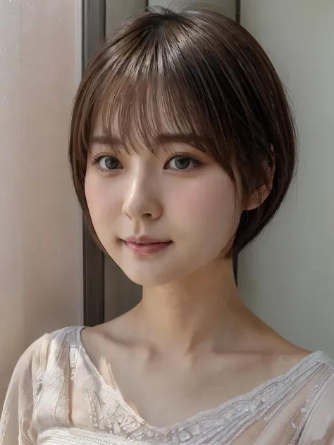 ((cute japanese girl、beautiful japanese girl、1 girl、clear、29-year-old、shortcut、short hair、Highly detailed face and skin texture、refinement、super detailed face、highly detailed eyes、blusher、blush、cheek、ピンクのcheekを塗ったcheek、close-up of woman、breast enhancement、...